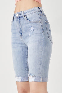 Hazel Blues® |  RISEN High Rise Distressed Denim Bermuda Shorts