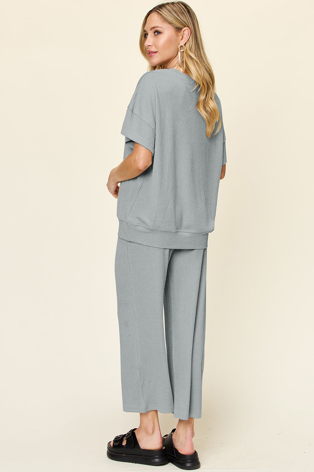 Hazel Blues® |  Double Take Texture Round Neck Short Sleeve T-Shirt and Wide Leg Pants