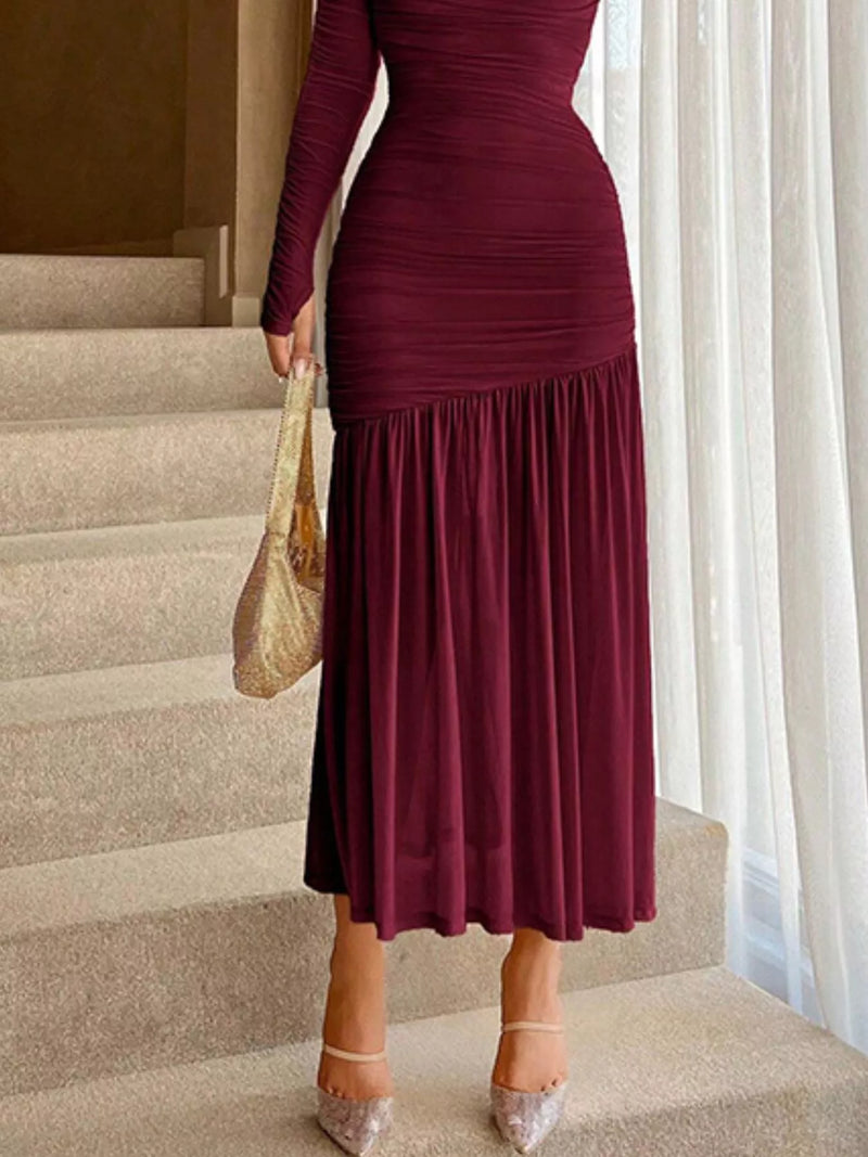 Ruched Long Sleeve Bodycon Midi Dress Champagne / XL