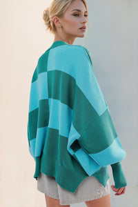 Hazel Blues® |  Double Take Slit Color Block Mock Neck Batwing Sleeve Sweater