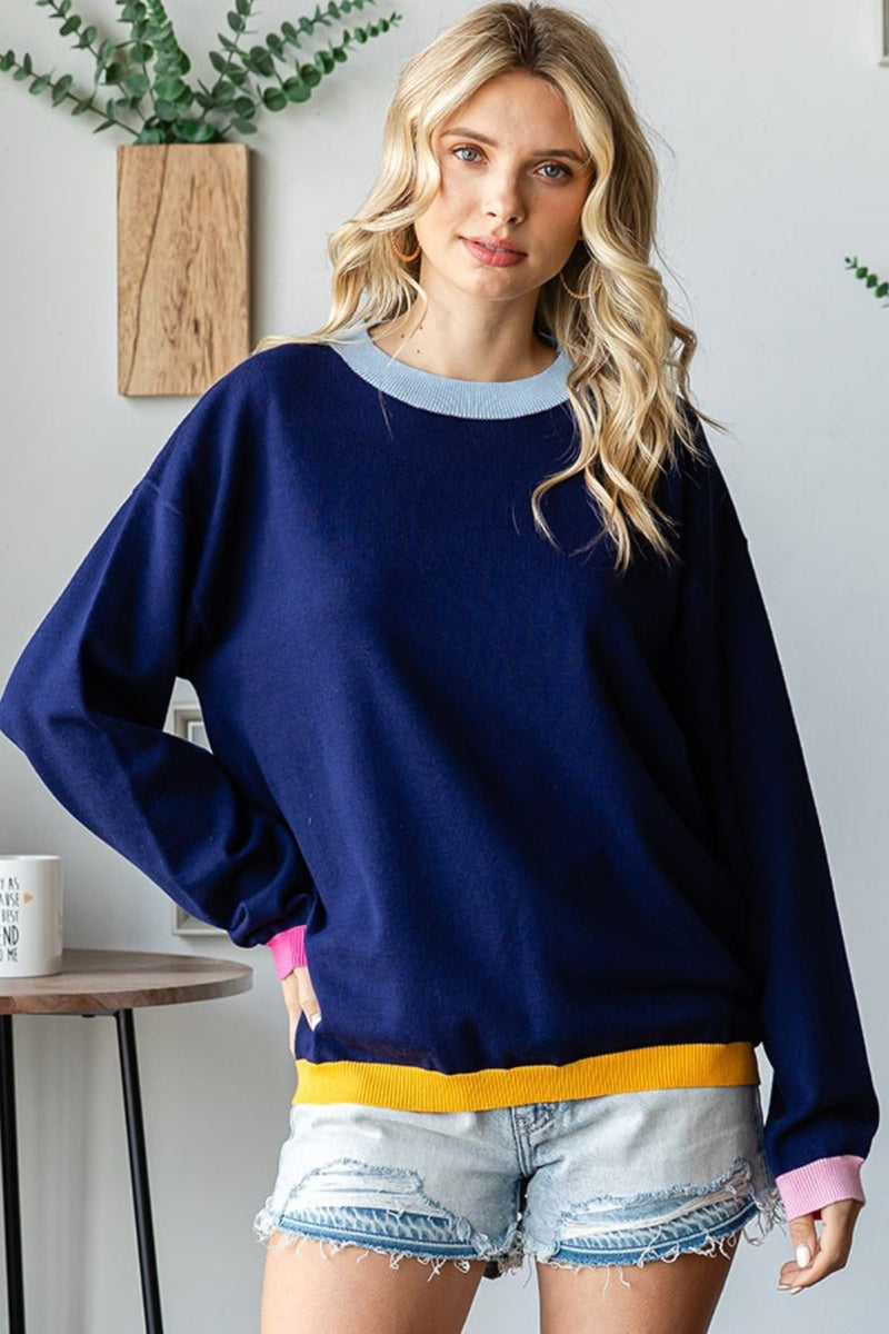 Hazel Blues® |  First Love Contrast Ribbed Round Neck Long Sleeve Sweater