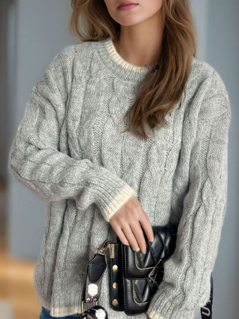 Hazel Blues® |  Cable Knit Round Neck Long Sleeve Sweater