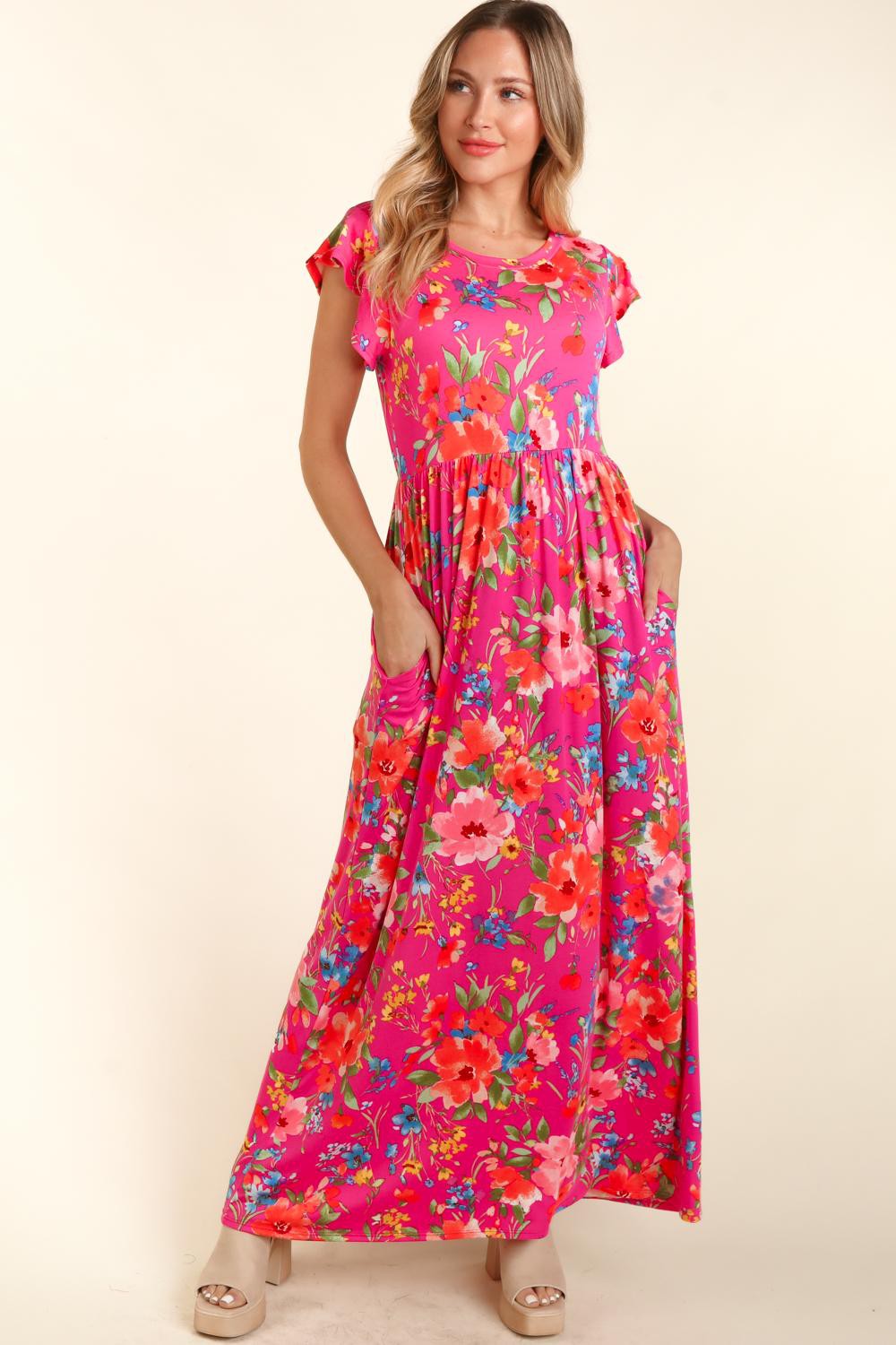 Hazel Blues® |  Haptics Floral Ruffled Round Neck Cap Sleeve Dress