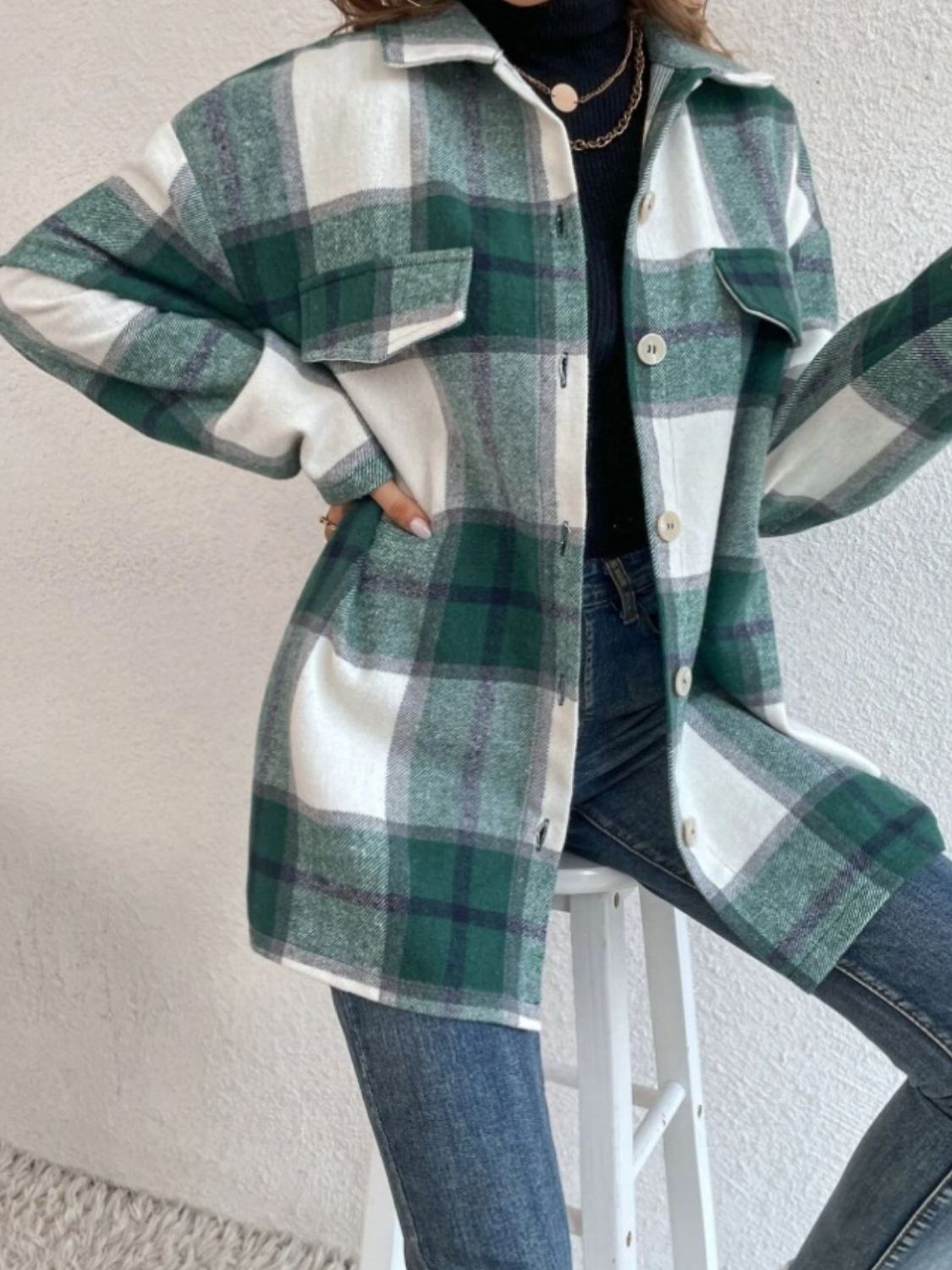 Hazel Blues® |  Plaid Collared Neck Dropped Shoulder Shacket