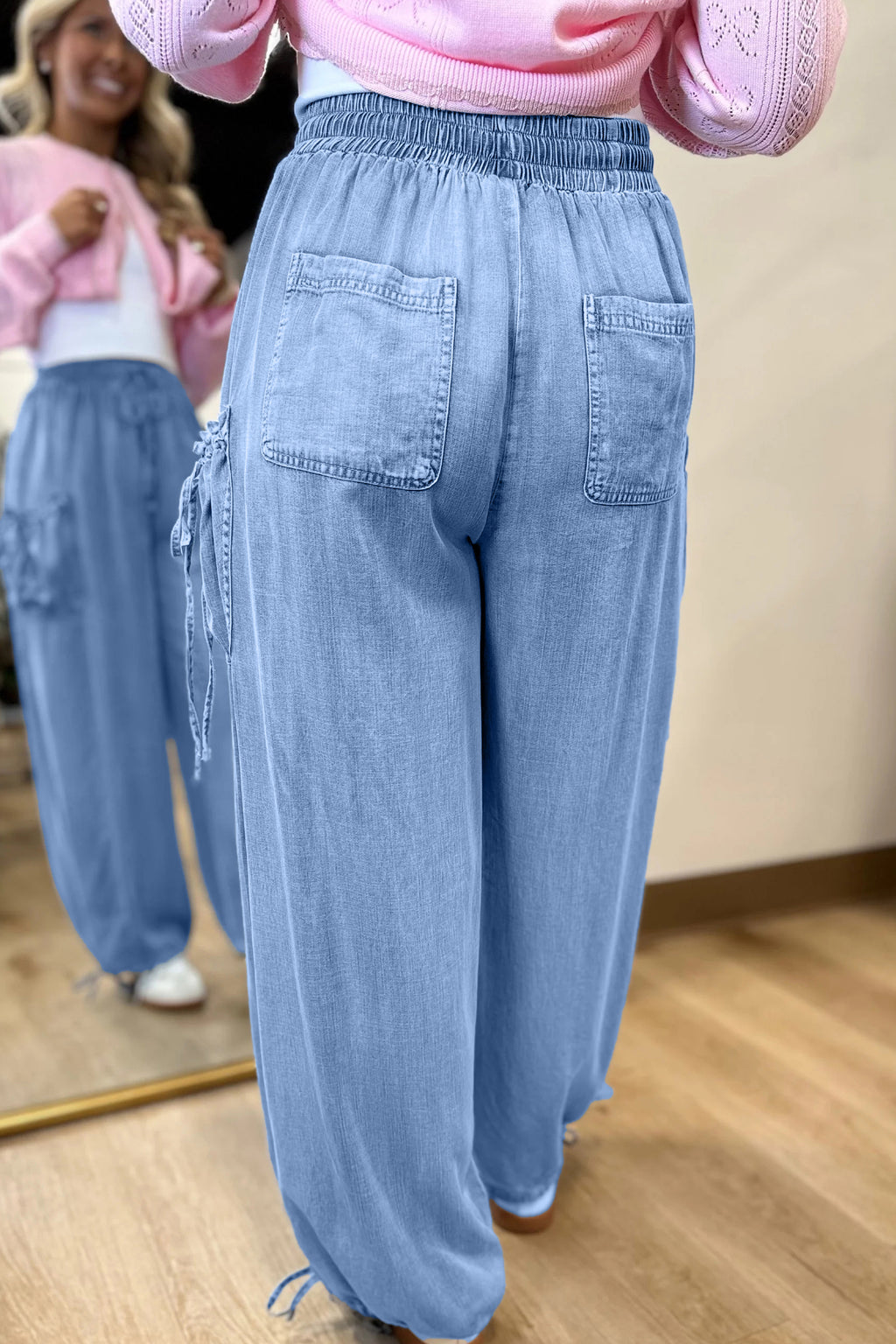 Beau Blue Drawstring Elastic-Waist Pocketed Loose Denim Pants