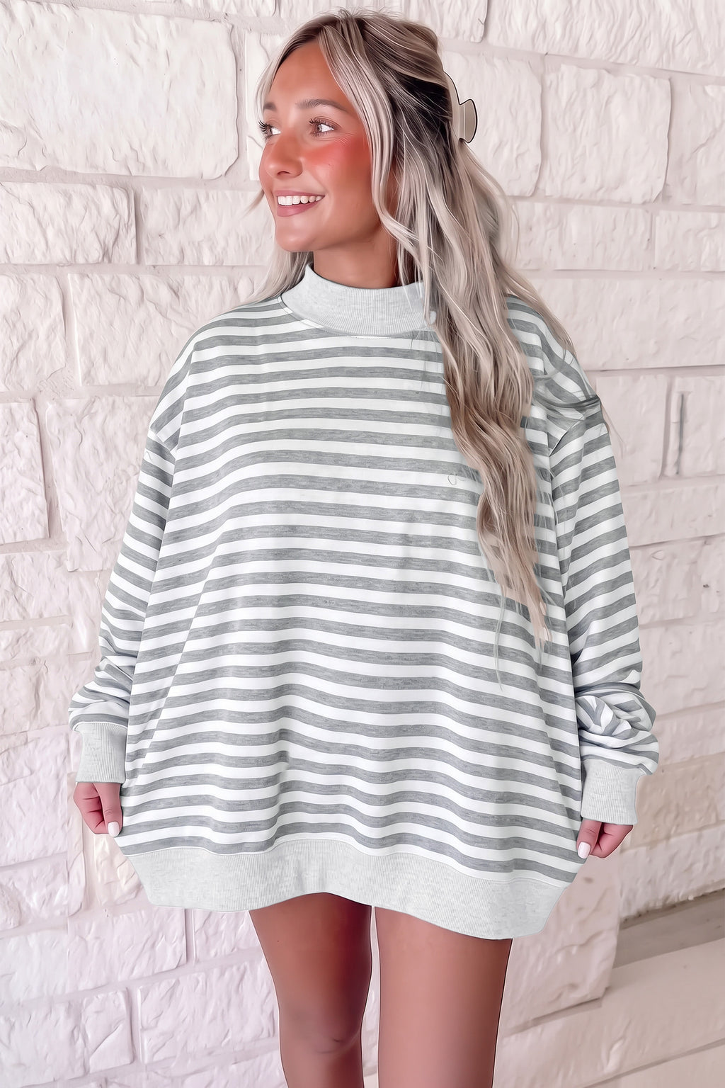 Gray Stripe Mock-Neck Tunic Sweatshirt