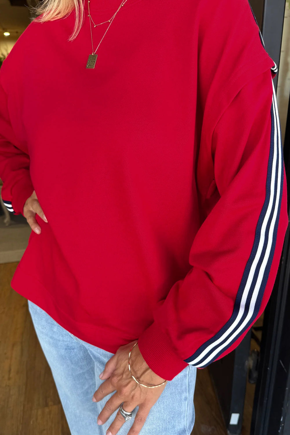 Clara Mae Red Varsity Striped Sweatshirt