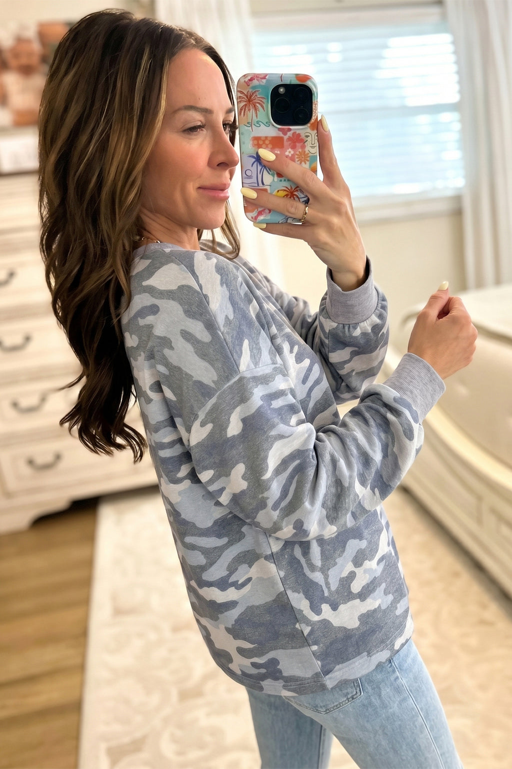 Camouflage Long Sleeve Round Neck Shift Pullover Top
