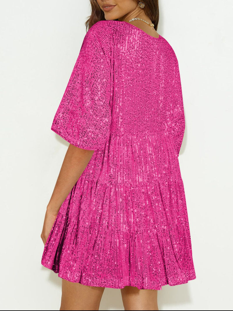 half sleeve sequin dress Sequin Puff Half Sleeve Waist Tie Flare HilowDress Mintha's Shoe Boutique