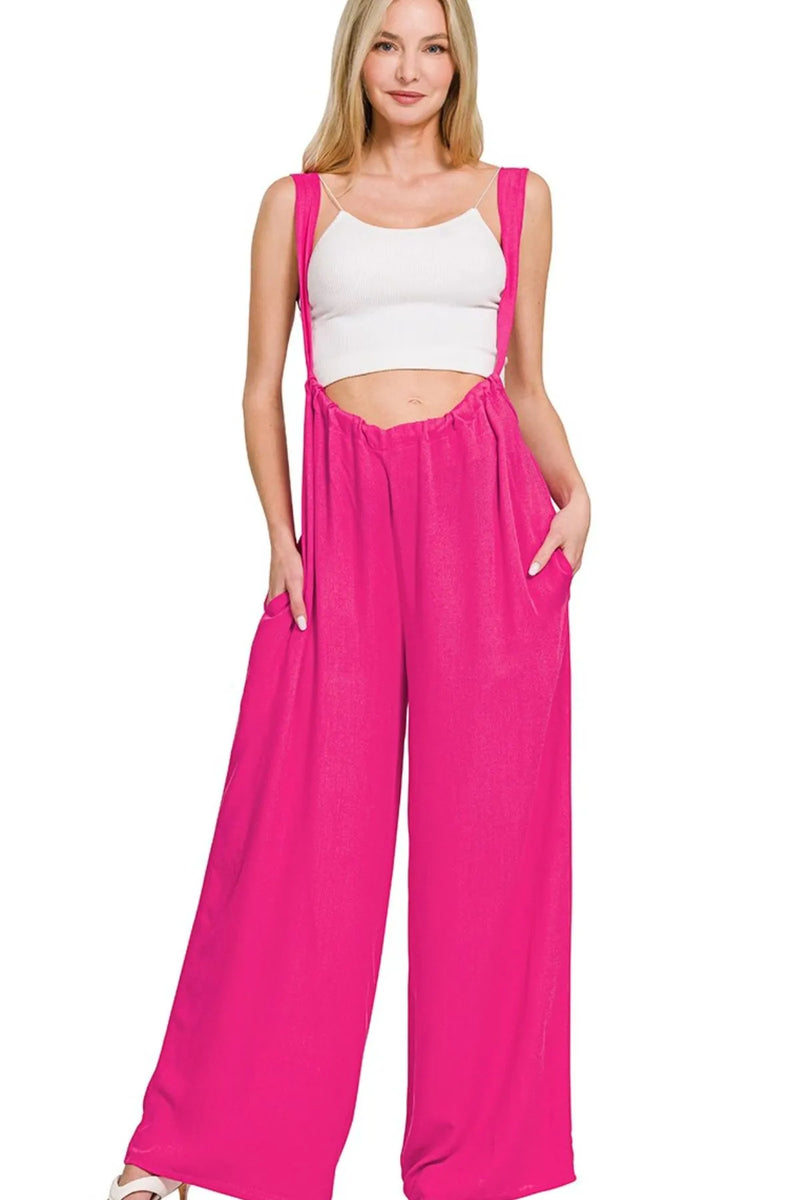 HOT PINK Zenana Woven Tie Back Suspender Jumpsuit – Hazel Blues® HOT PINK Zenana Woven Tie Back Suspender Jumpsuit – Hazel Blues®