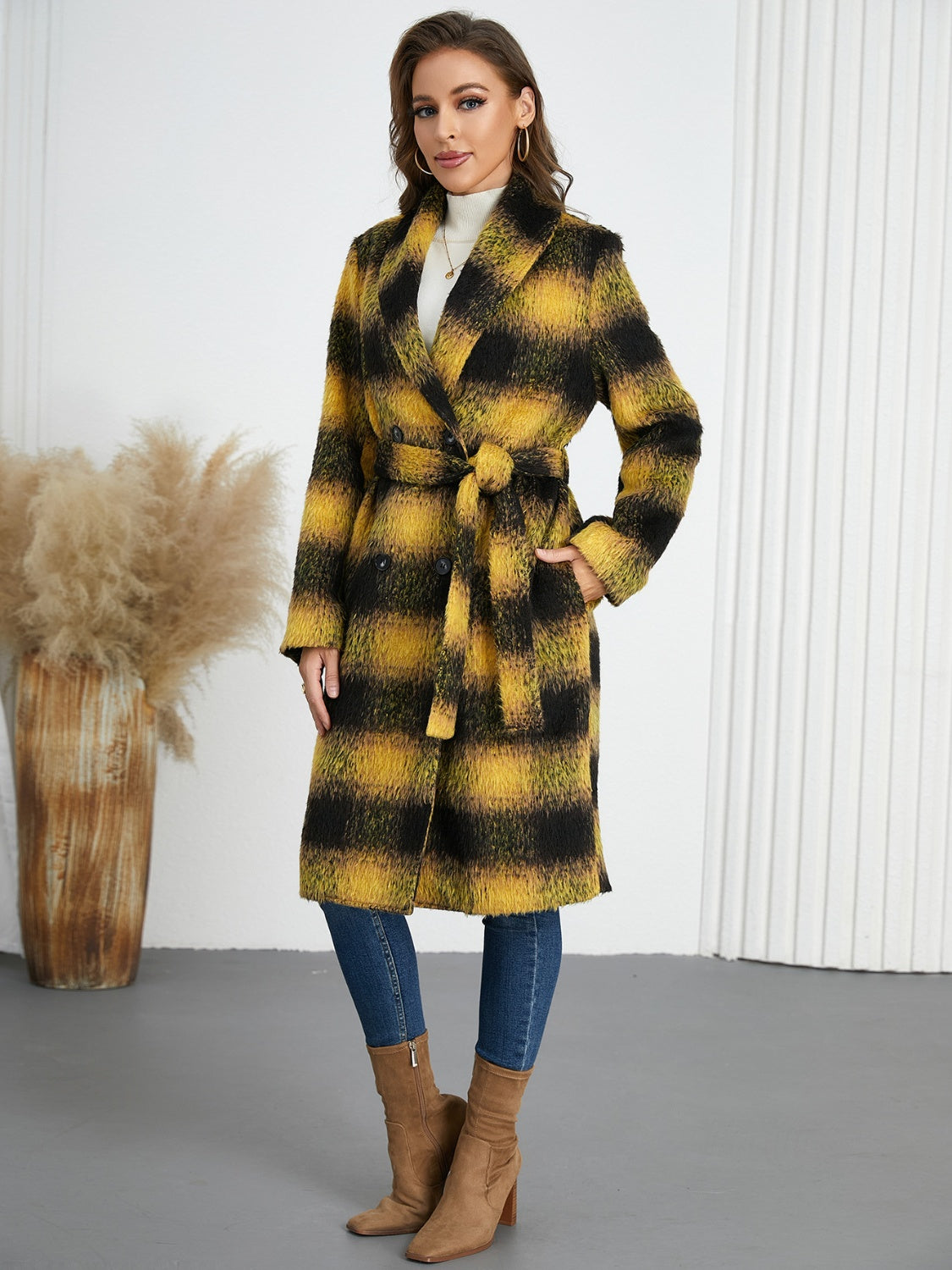 Hazel Blues® |  Plaid Tie Waist Long Sleeve Coat