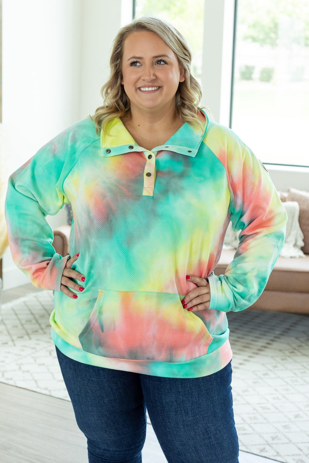 Hazel Blues Quilted Button Snap Pullover Tie Dye Mojito