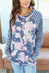 Hazel Blues® | Classic Zoey ZipCowl Sweatshirt - Navy Floral Pattern Mix