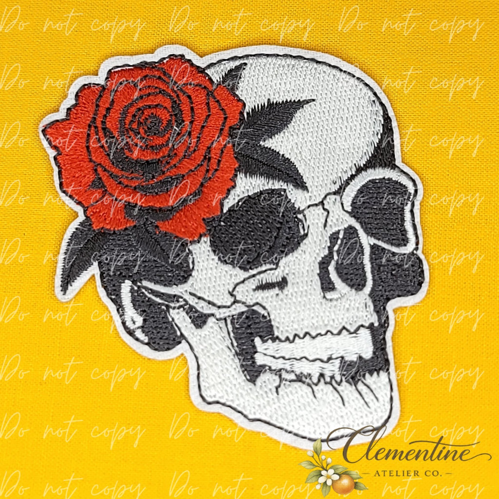 Skull With Red Rose | Halloween Patch | Small Iron-On Patch |  Hats, Clothing, Bags+