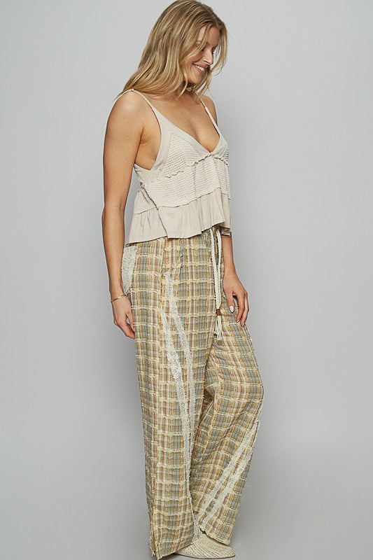 Hazel Blues® |  POL Lace Trim Drawstring Checkered Wide Leg Pants