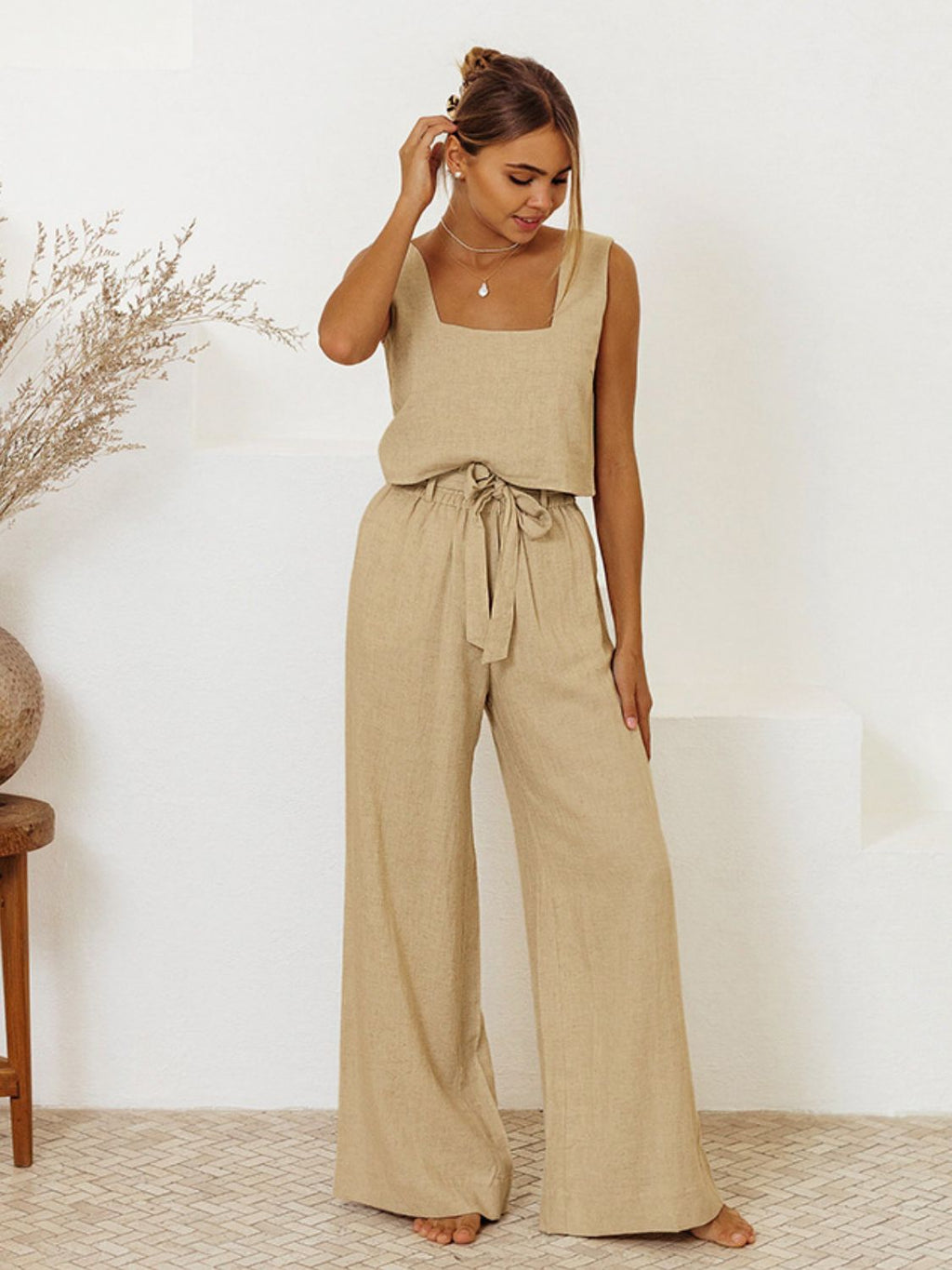 Square Neck Sleeveless Top and Pants Set