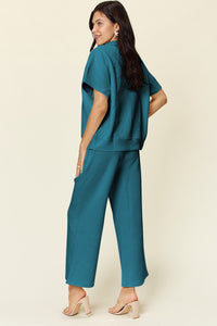 Hazel Blues® |  Double Take Texture Half Zip Short Sleeve Top and Pants Set