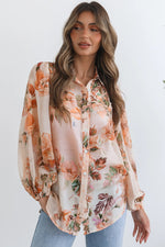 Hazel Blues® |  Orange Floral Puff Sleeve Lightweight Shirt