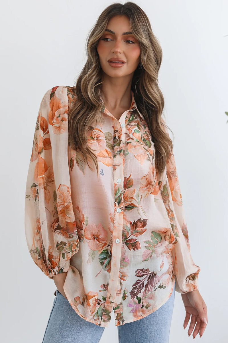 Hazel Blues® |  Orange Floral Puff Sleeve Lightweight Shirt