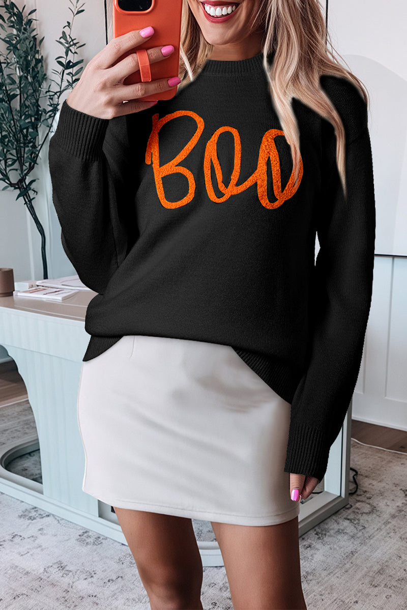Hazel Blues® |  Black Boo Knitted Pattern Ribbed Edge Drop Shoulder Sweater