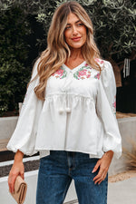Hazel Blues® |  White Flower Lace-up V Neck Babydoll Blouse