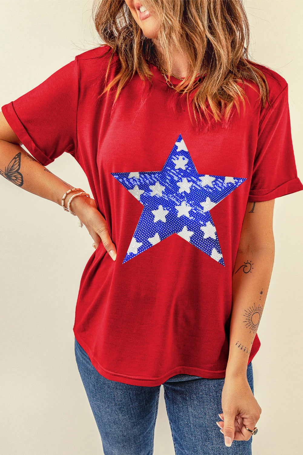 Hazel Blues® |  Red Sequin Star Graphic Crewneck T Shirt