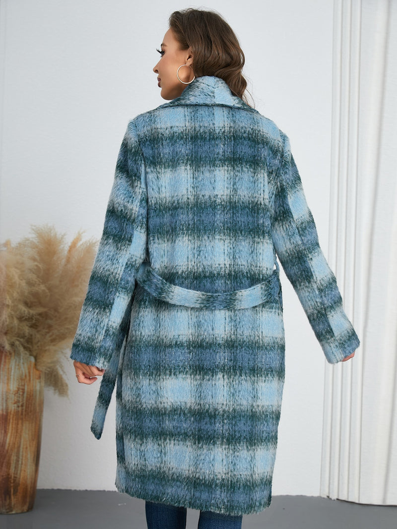 Hazel Blues® |  Plaid Tie Waist Long Sleeve Coat