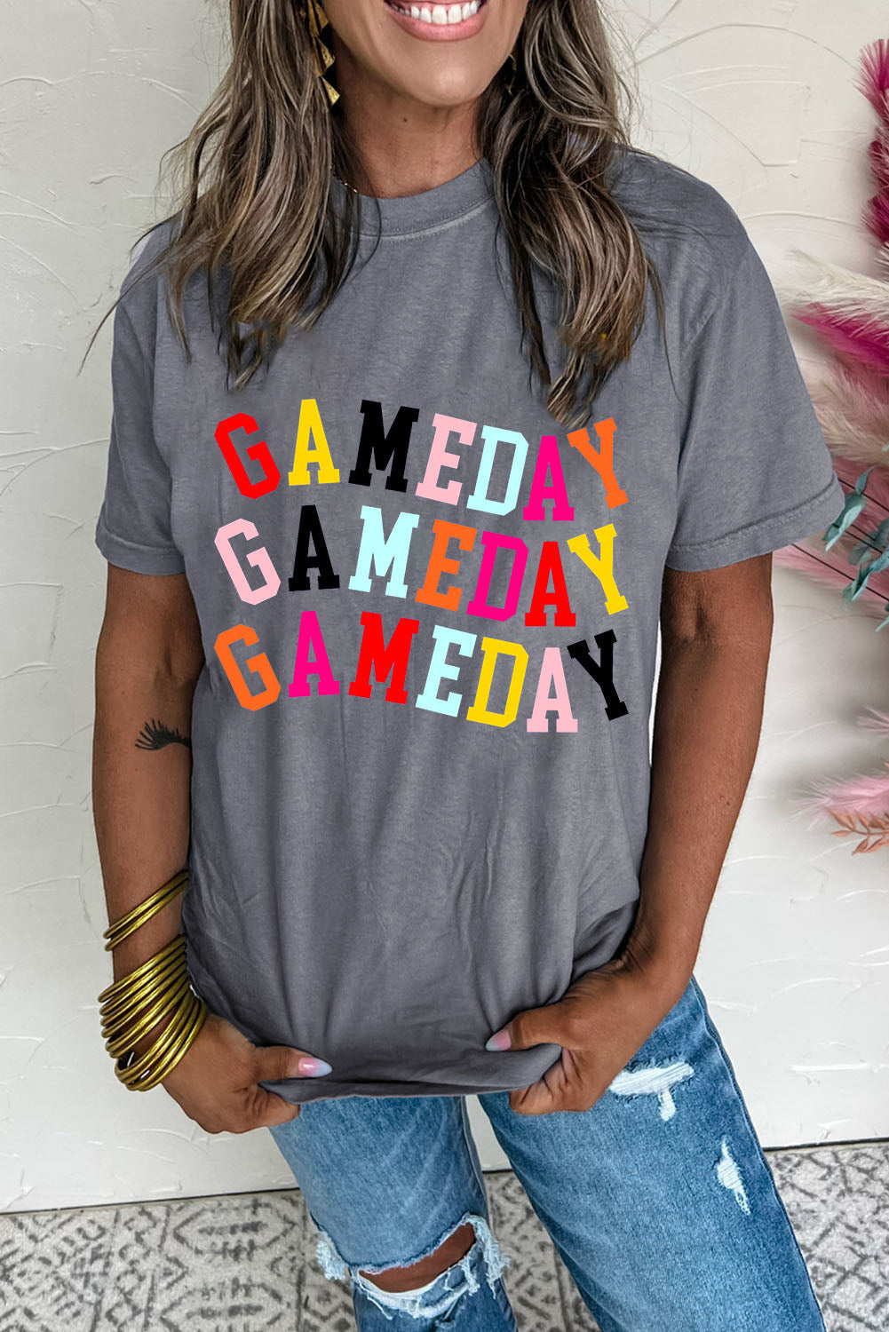 Hazel Blues® |  Gray Colorful GAME DAY Graphic Crew T Shirt