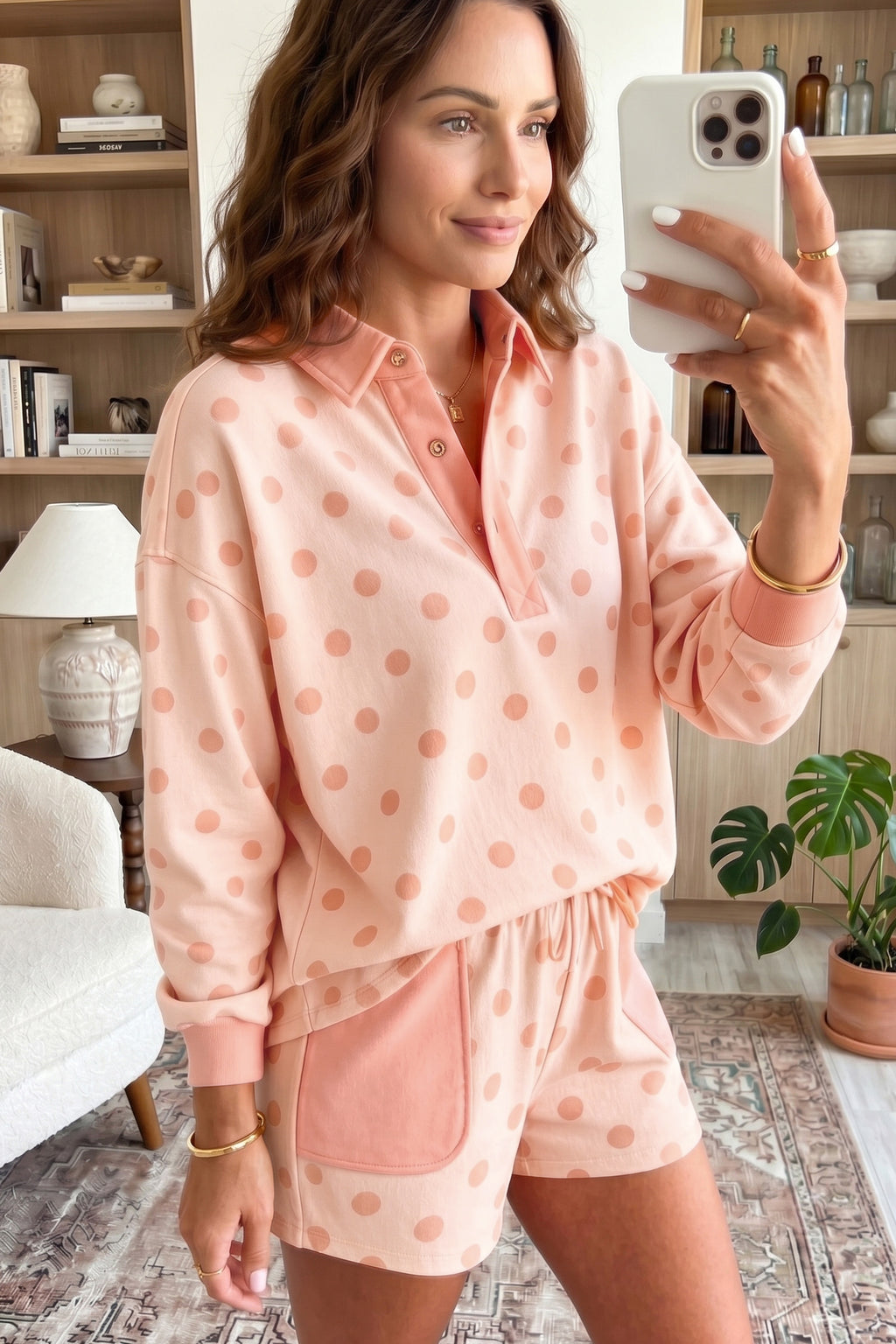 Drop Shoulder Polka Dot Polo Loose Pullover Patch Pocket Casual Shorts Set | Polka Dot Pocketed Shorts