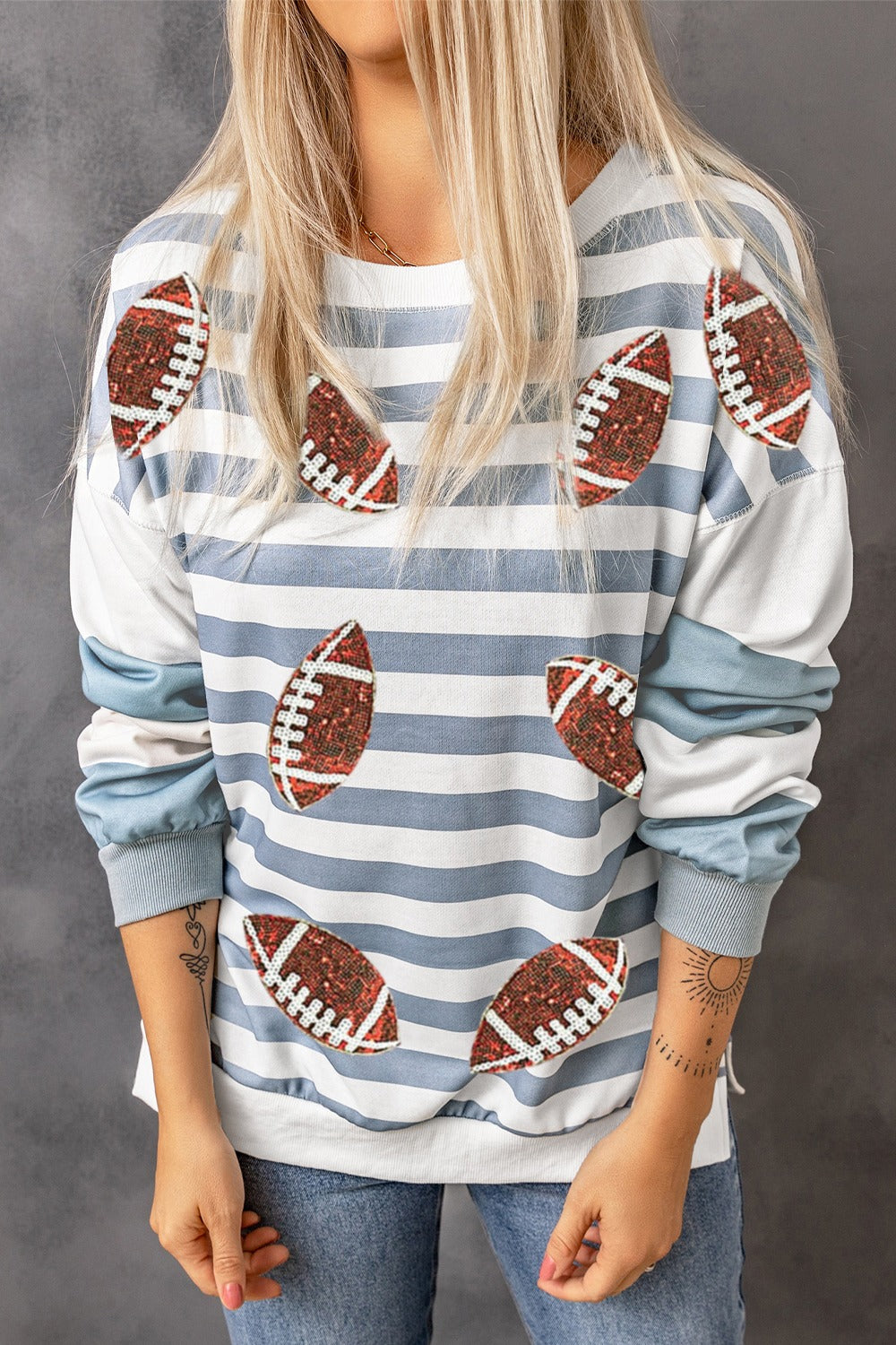 Hazel Blues® |  Football Striped Round Neck Long Sleeve Sweatshirt