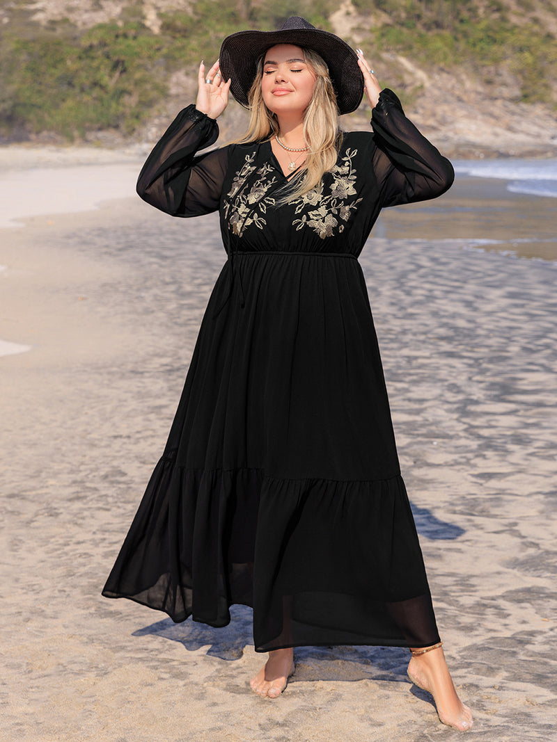 Hazel Blues® |  Embroidered Tie Neck Long Sleeve Dress