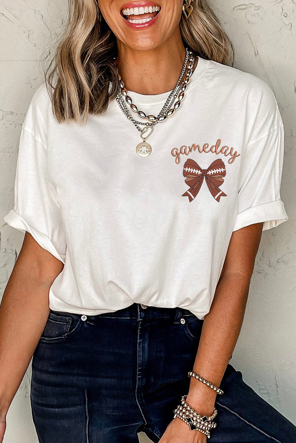 Hazel Blues® |  White Game Day Bowknot Embroidered Graphic Casual Tee
