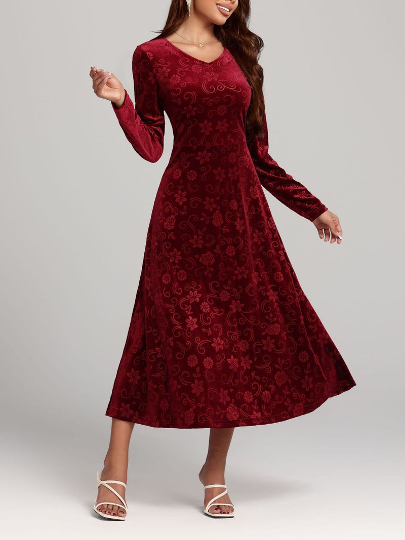 Hazel Blues® |  Flower Print V-Neck Long Sleeve Midi Dress