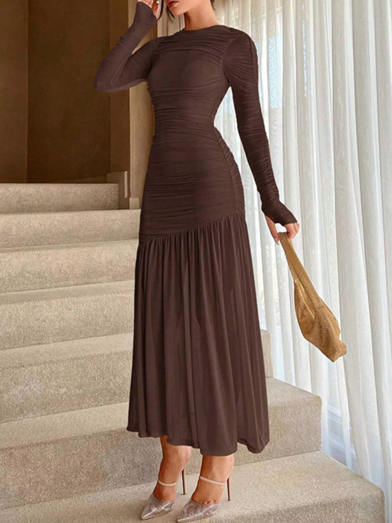 chinese dress ladies Shapewear V-Neck Ruched Bodycon Midi Dress | Long Sleeve main image 0