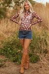 Hazel Blues® |  Red Mesh Star Print Mock Neck Sheath Long Sleeve Top