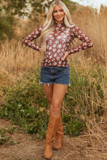 Hazel Blues® |  Red Mesh Star Print Mock Neck Sheath Long Sleeve Top