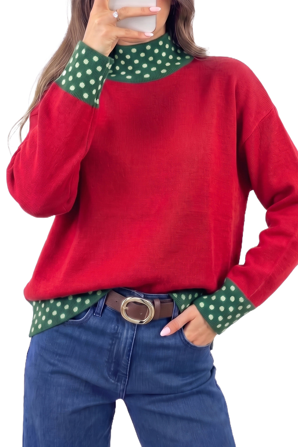 Red Polka Dot Mock-Neck Sweater