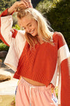 Hazel Blues® |  POL Cable Knit Quilting Patch V-Neck Contrast Sweater