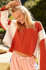 Hazel Blues® |  POL Cable Knit Quilting Patch V-Neck Contrast Sweater