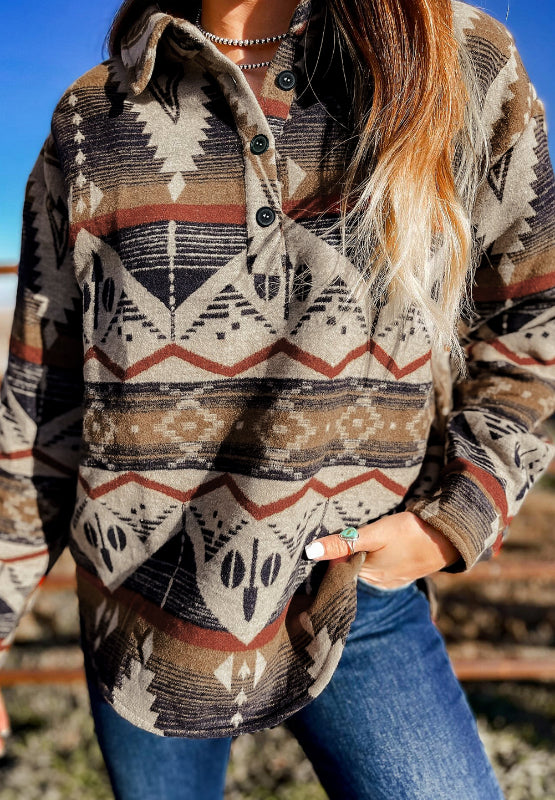 Hazel Blues® |  Geometric Half Button Long Sleeve Sweatshirt