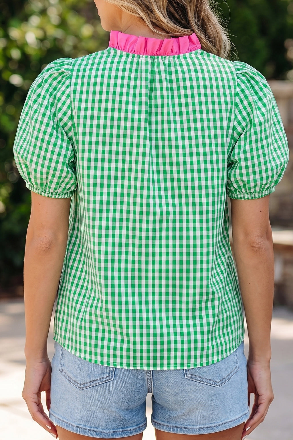 Green Gingham Plaid Bubble Sleeve Color-Block Trim V-Neck Blouse