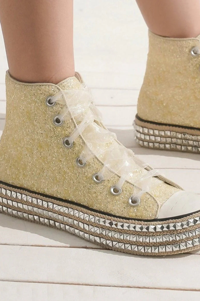 Hazel Blues® |  Beast Fashion Glitter Lace-Up Studded Platform Sneakers