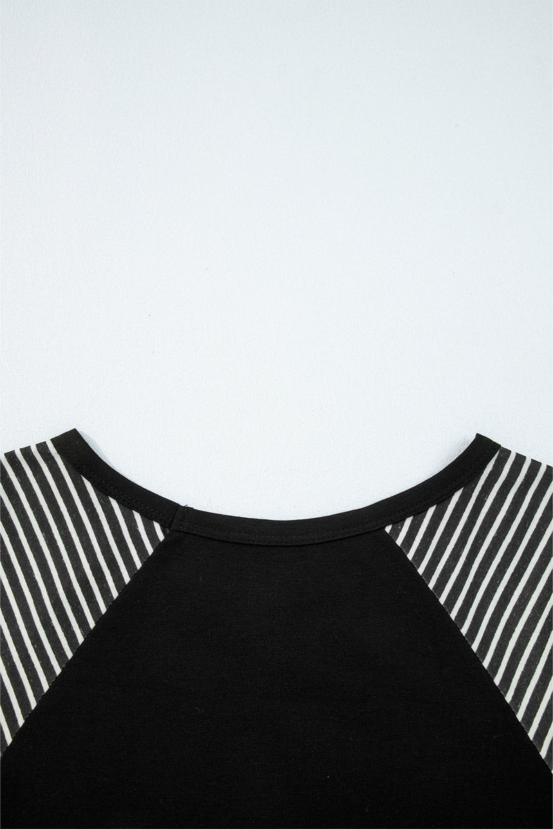 Hazel Blues® |  Black Contrast Print Striped Raglan Long Sleeve Loose Top