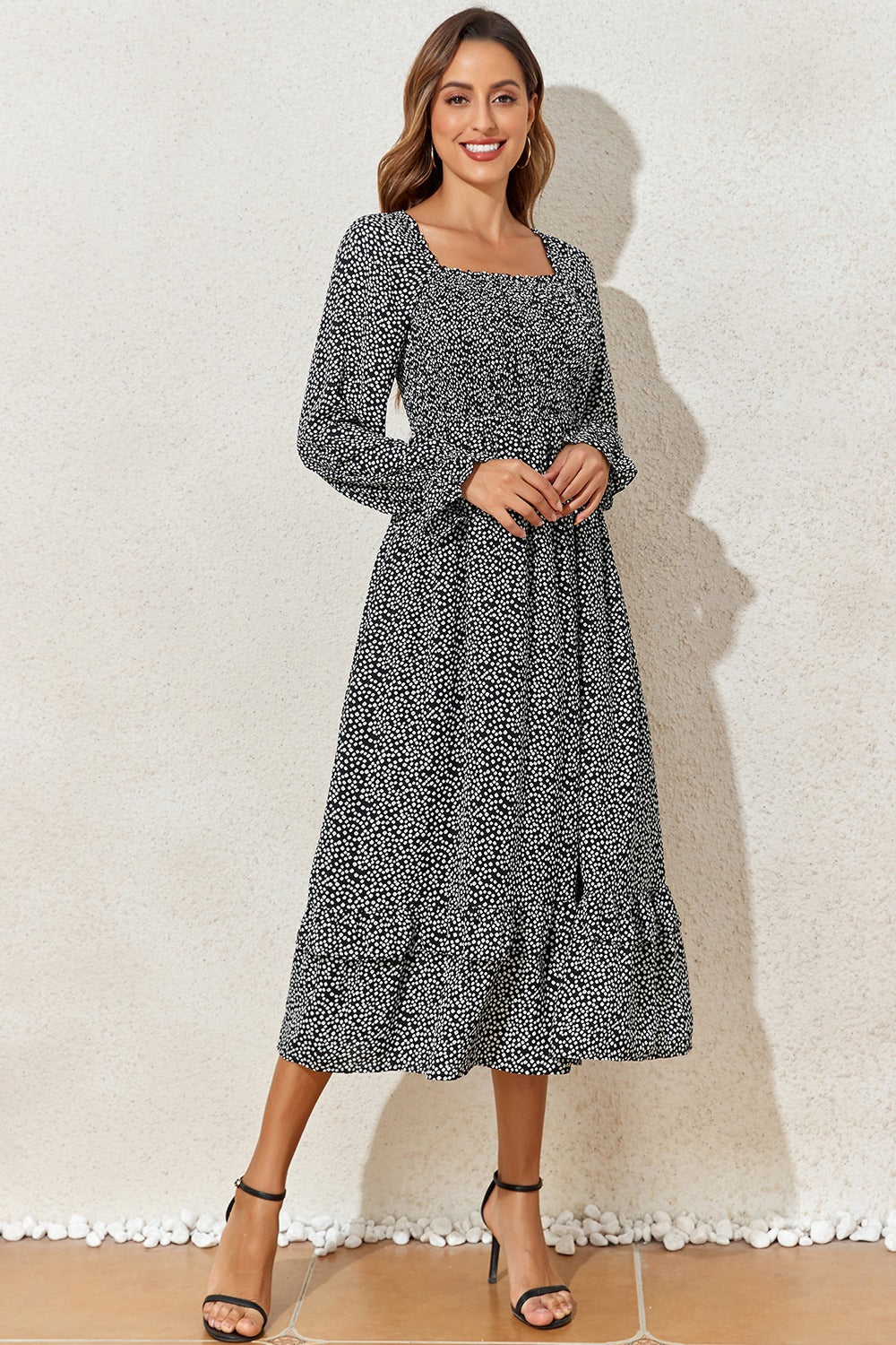 Hazel Blues® |  Printed Square Neck Long Sleeve Midi Dress