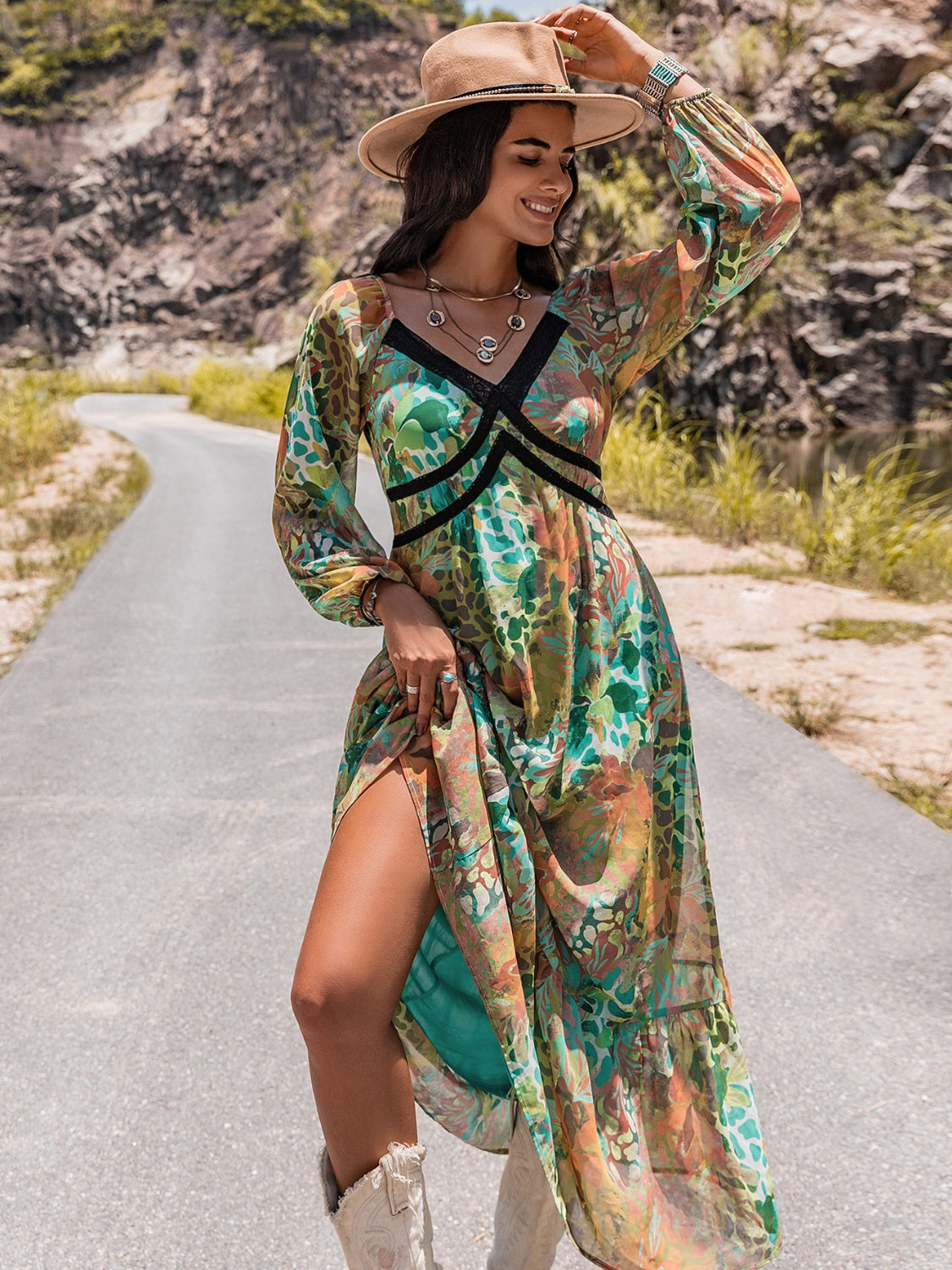 Hazel Blues® |  Printed V-Neck Long Sleeve Dress