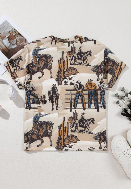 Hazel Blues® |  Cowboy Print Round Neck Short Sleeve T Shirt