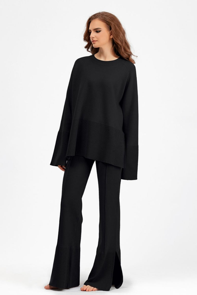 Hazel Blues® |  Basic Bae Slit Round Neck Long Sleeve Top and Drawstring Pants Sweater Set