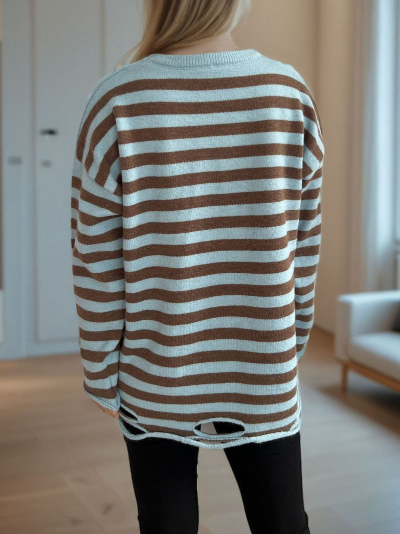 Hazel Blues® |  Distressed Striped Round Neck Long Sleeve Sweater