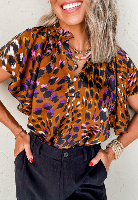 Hazel Blues® |  Leopard Notched Short Sleeve Blouse