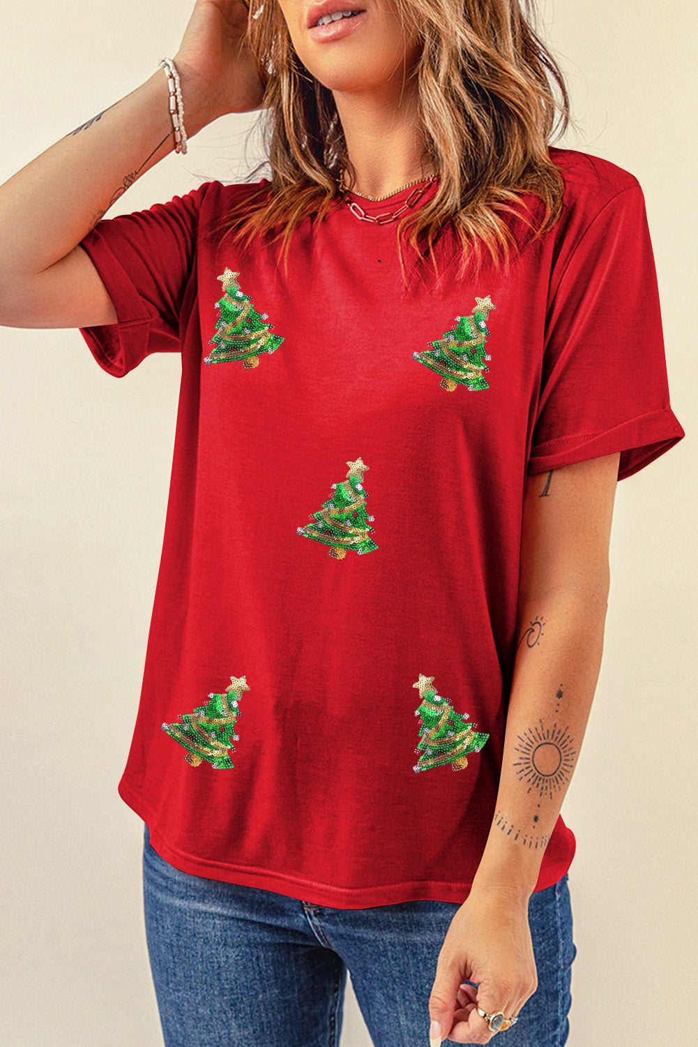 Hazel Blues® |  Red Sequined Christmas Tree Graphic Crewneck T Shirt